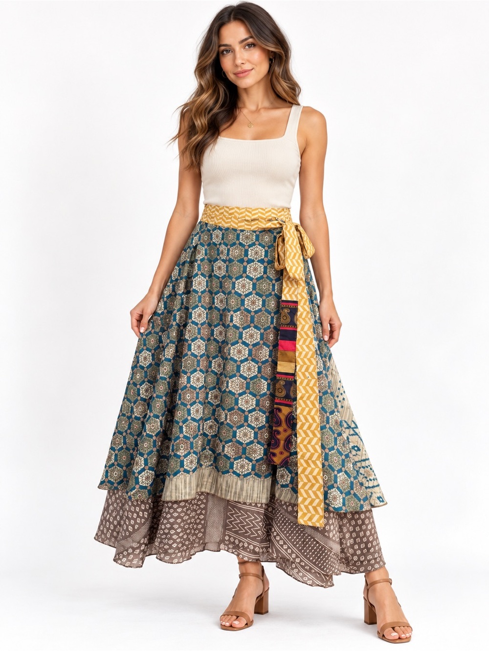 Jaded Gypsy long Wrap Layered Maxi Skirt Boho    Adjustable One Size Viscose